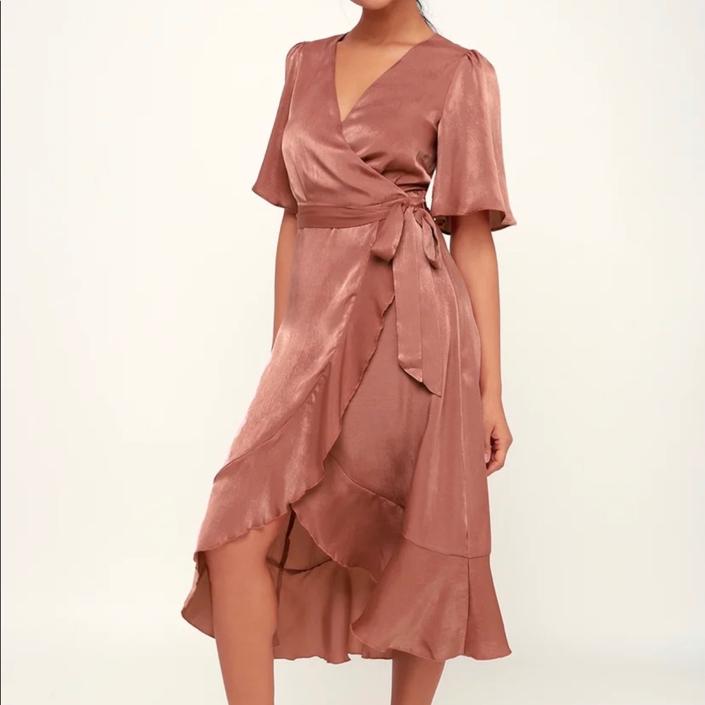 Lulus Mauve Satin Faux Wrap Midi Dress